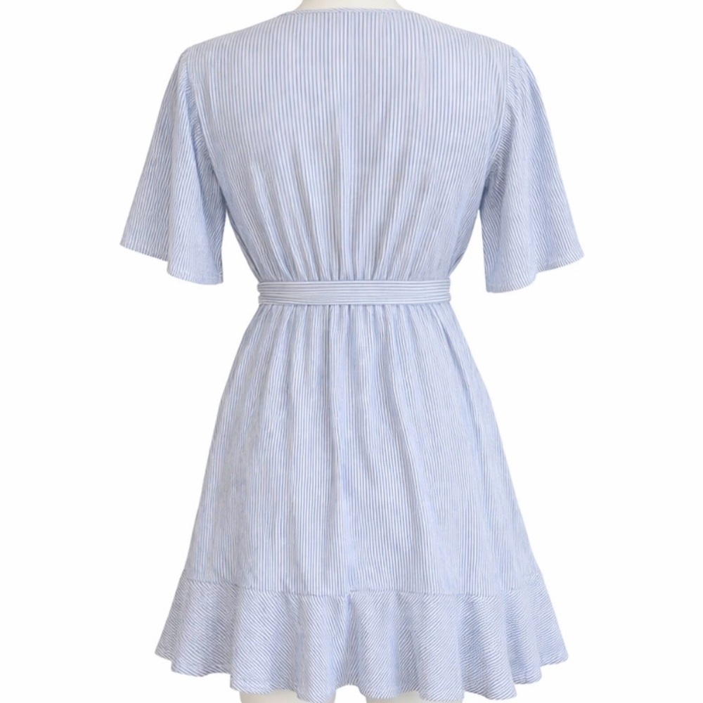 Listicle Blue White Pinstripe Wrap Mini Dress Cotton Summer Boho Small - Picture 3 of 6